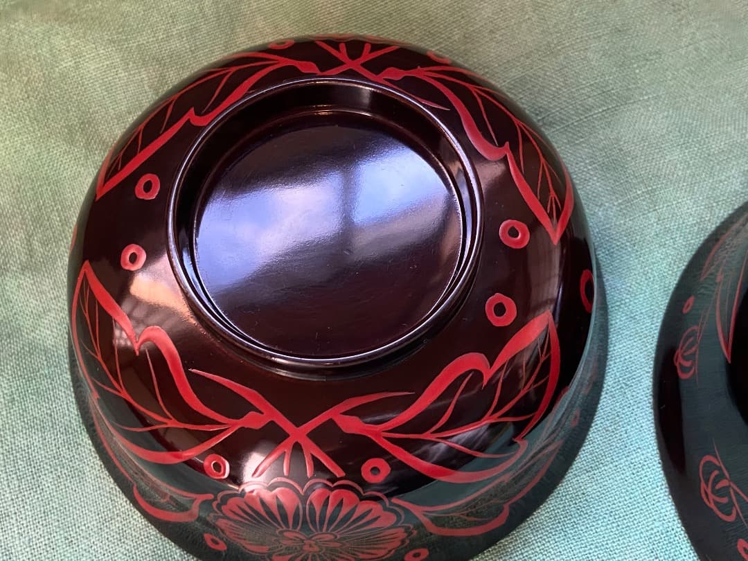 能登蔵出し 時代物 吉野塗 扶養手 蓋付 大椀 2客セット /漆器椀 懐石 正月