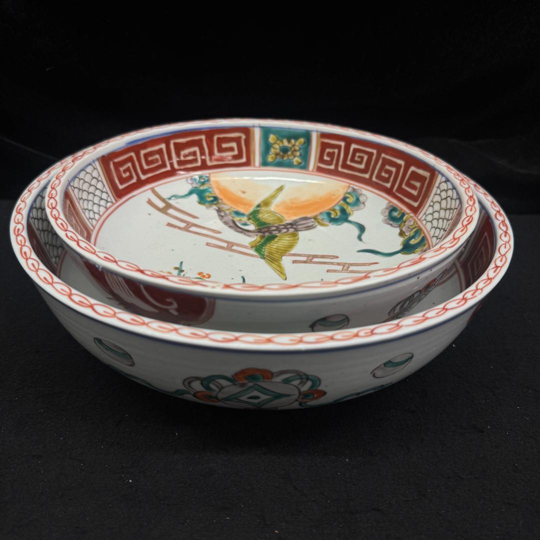 江戸時代　古伊万里 二重高台色絵鉢　二枚セット骨董　アンティーク　鉢　花鶴