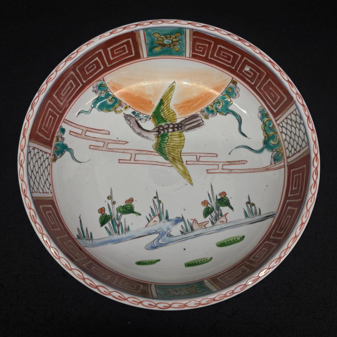 江戸時代　古伊万里 二重高台色絵鉢　二枚セット骨董　アンティーク　鉢　花鶴