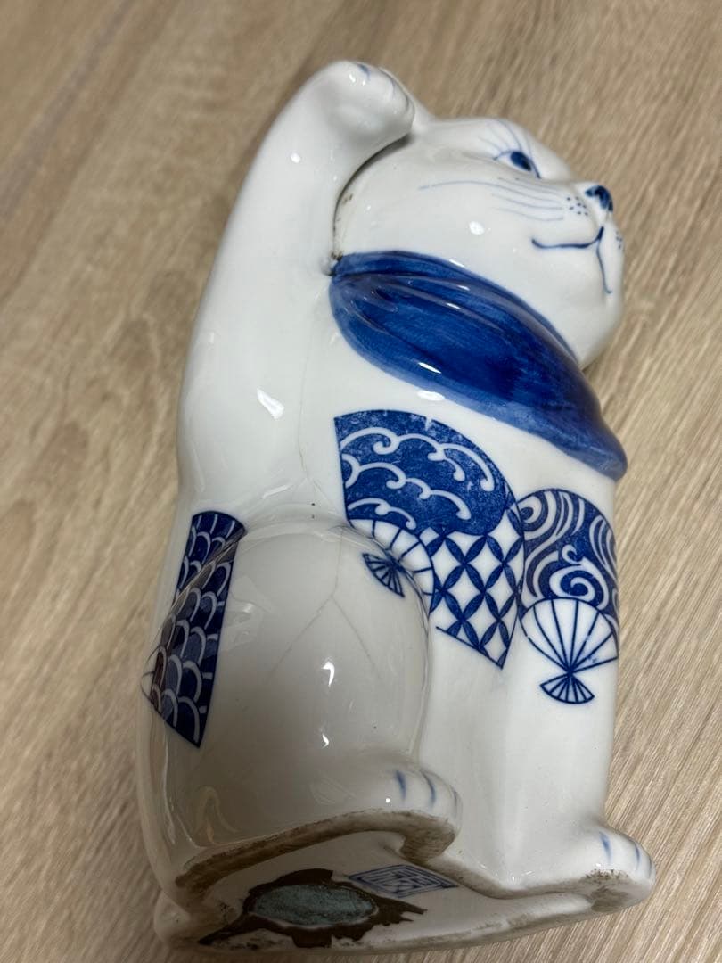 1273  九谷焼　角福　染付扇文　招き猫　時代物