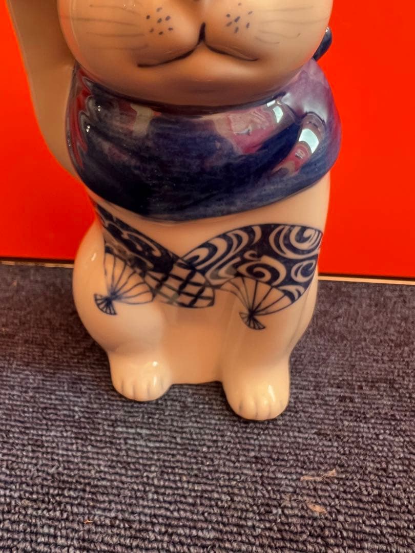 1273  九谷焼　角福　染付扇文　招き猫　時代物