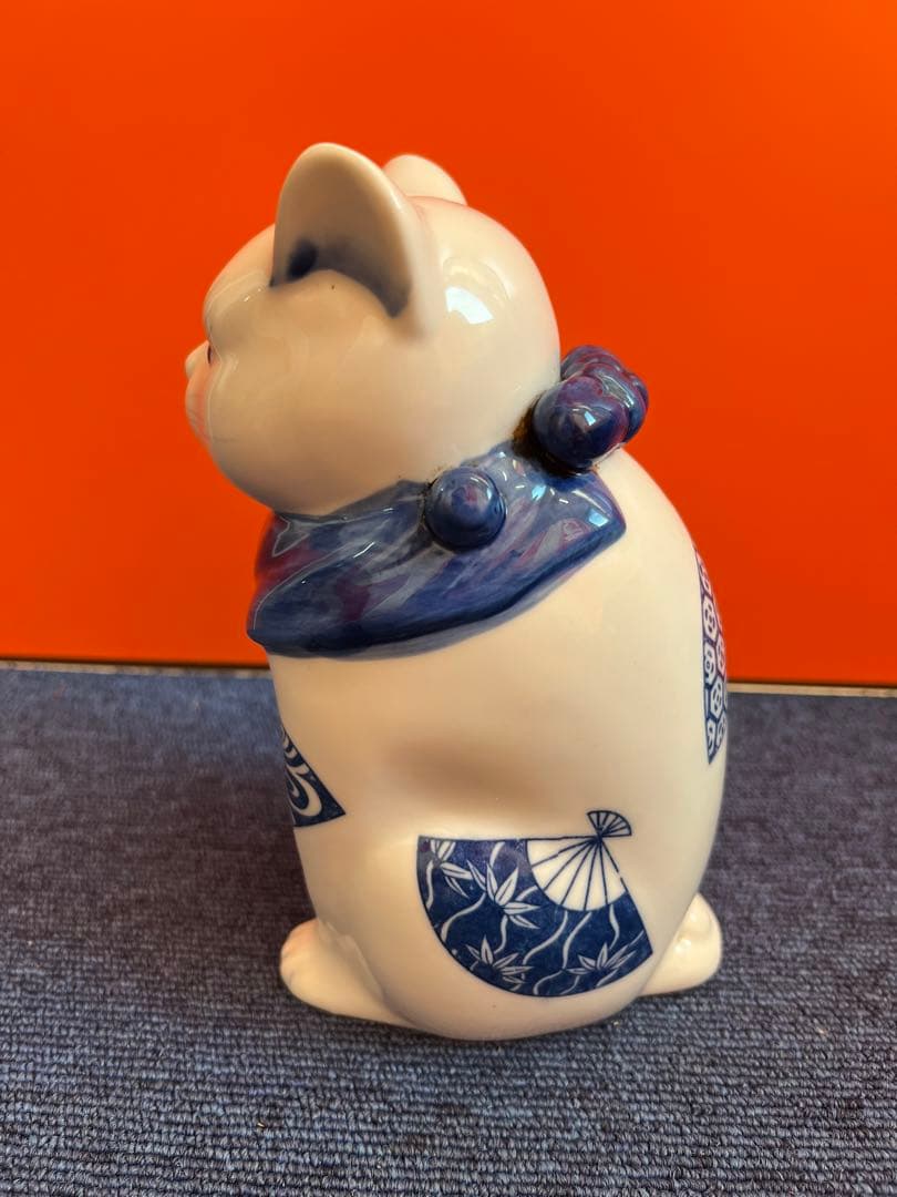 1273  九谷焼　角福　染付扇文　招き猫　時代物