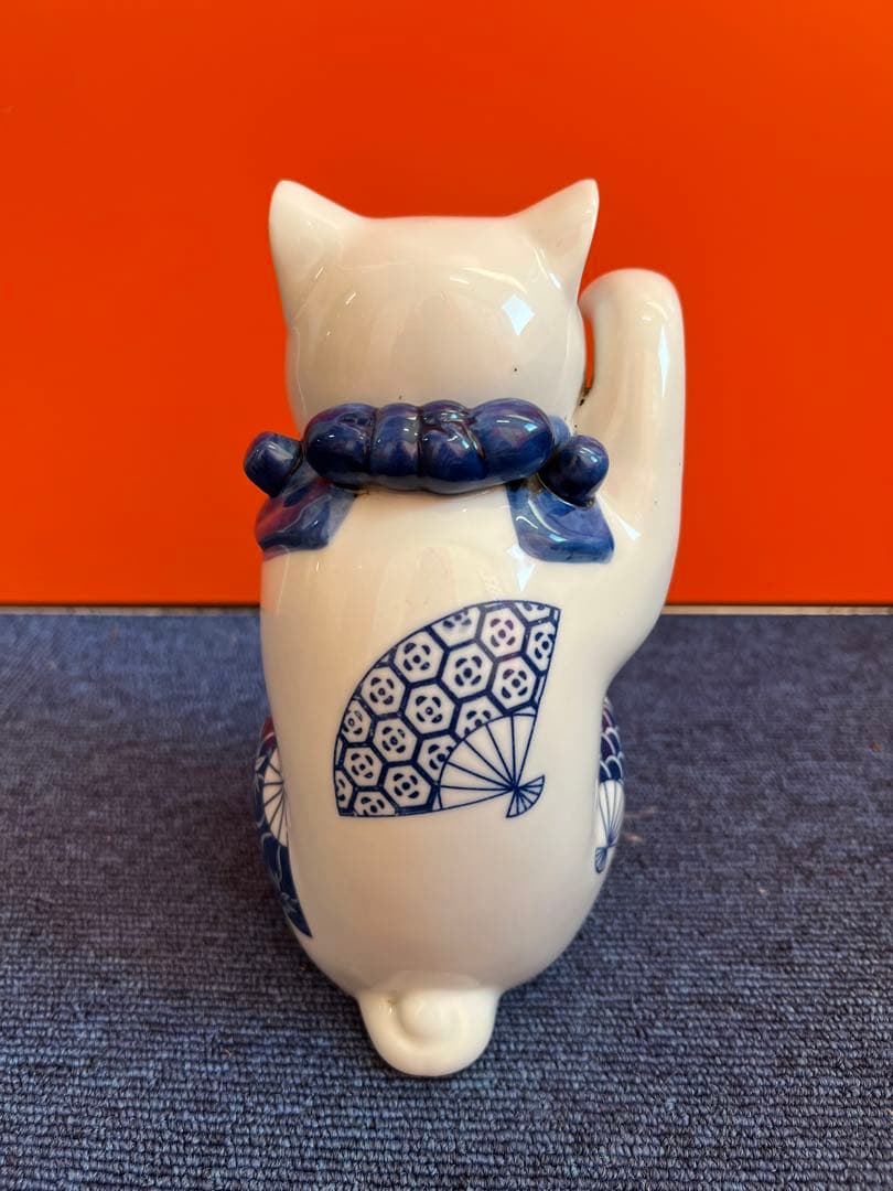 1273  九谷焼　角福　染付扇文　招き猫　時代物