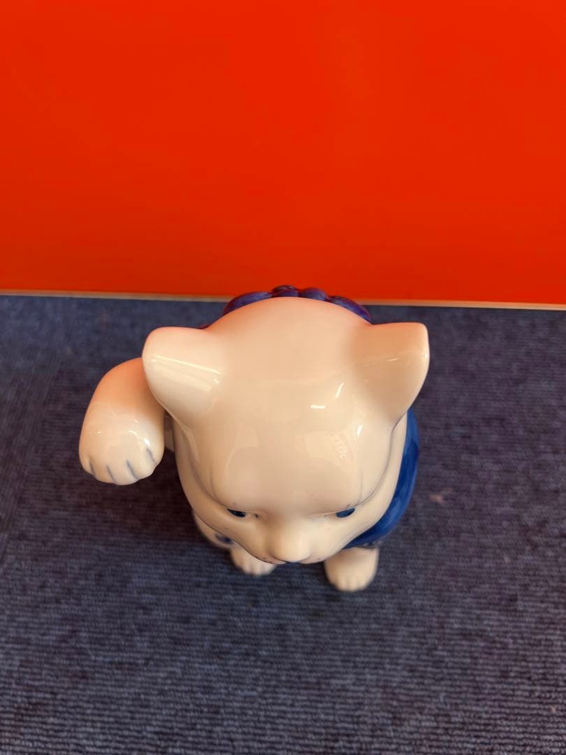 1273  九谷焼　角福　染付扇文　招き猫　時代物