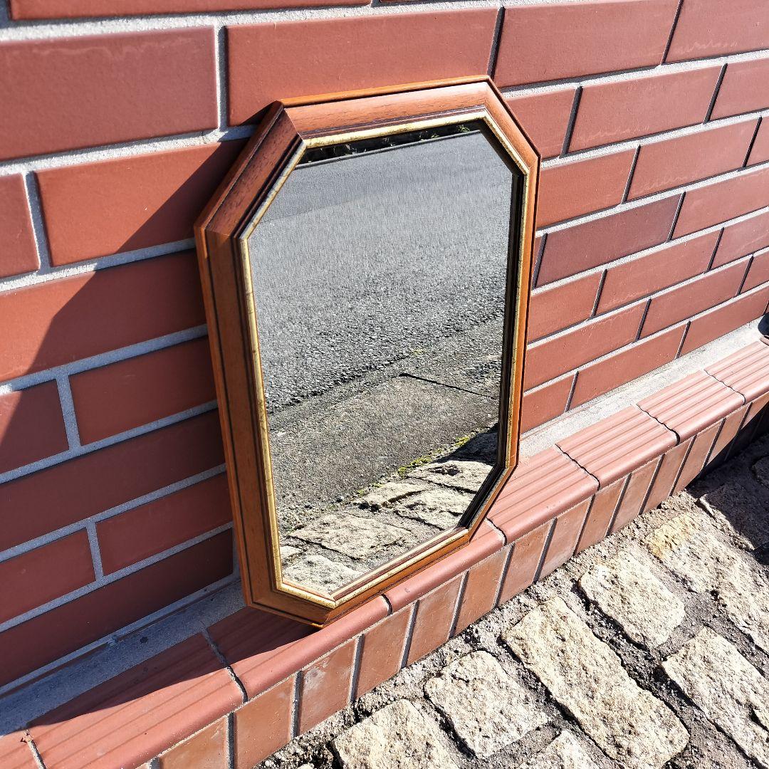 イタリア ヴィンテージ 木製八角形壁掛け鏡 アンティーク ミラー