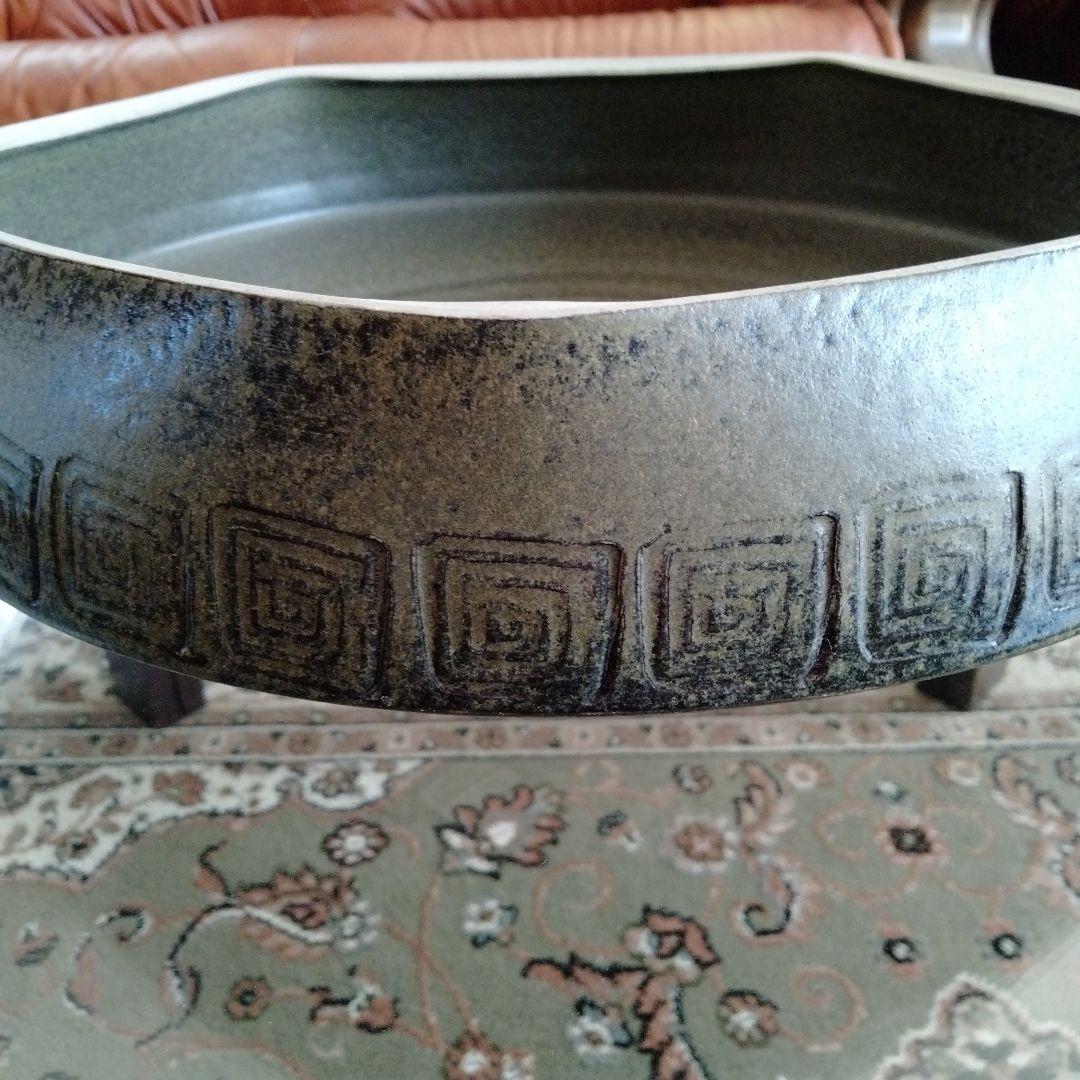 最終値下げ旧蔵中国骨董【超大水盤 青磁五菱洗】在銘有美しい