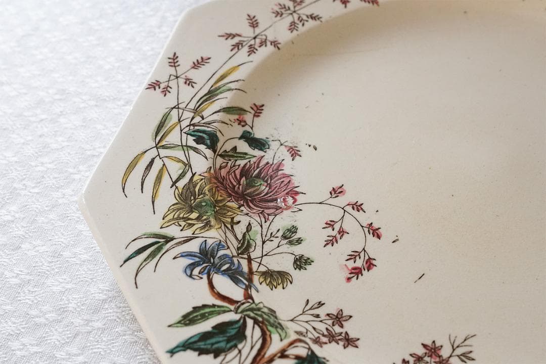 イギリスアンティーク　ボタニカル柄　オクトゴナル　プレート　22.1cm　B