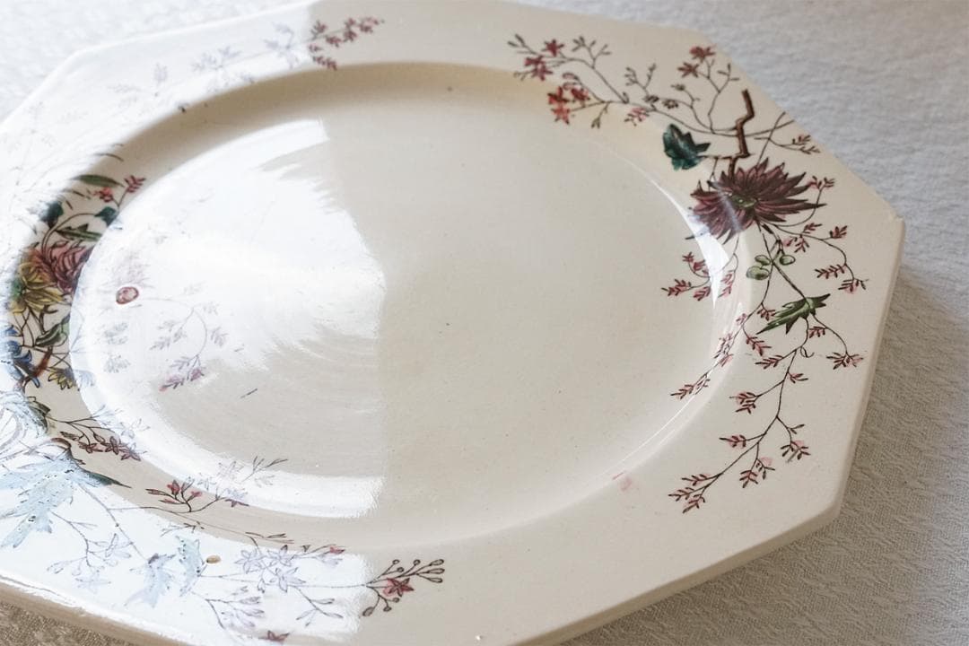 イギリスアンティーク　ボタニカル柄　オクトゴナル　プレート　22.1cm　B