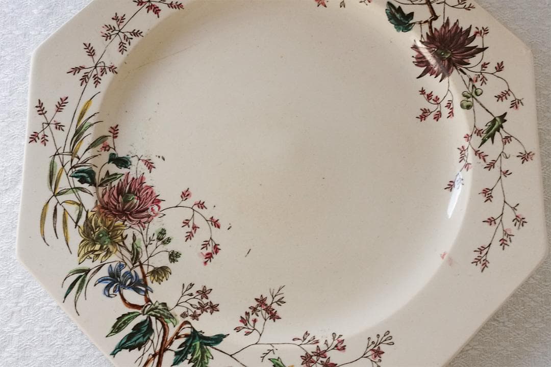 イギリスアンティーク　ボタニカル柄　オクトゴナル　プレート　22.1cm　B