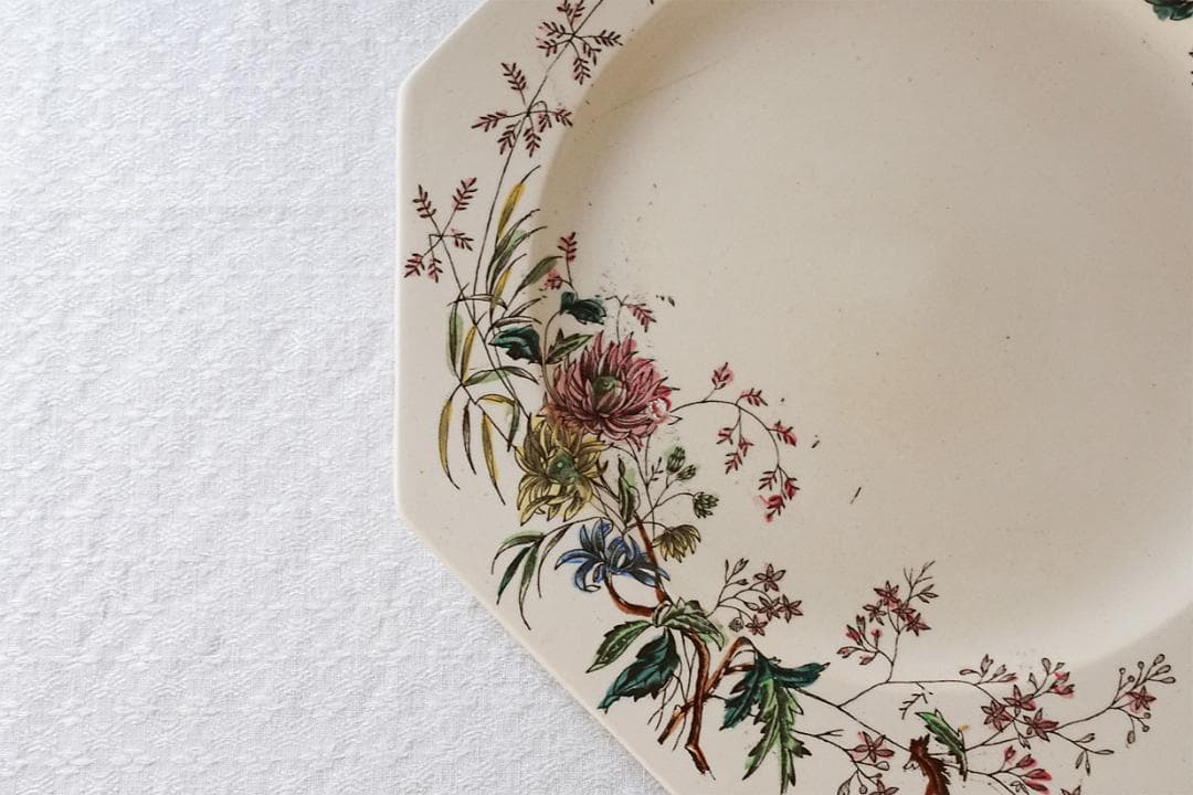 イギリスアンティーク　ボタニカル柄　オクトゴナル　プレート　22.1cm　B