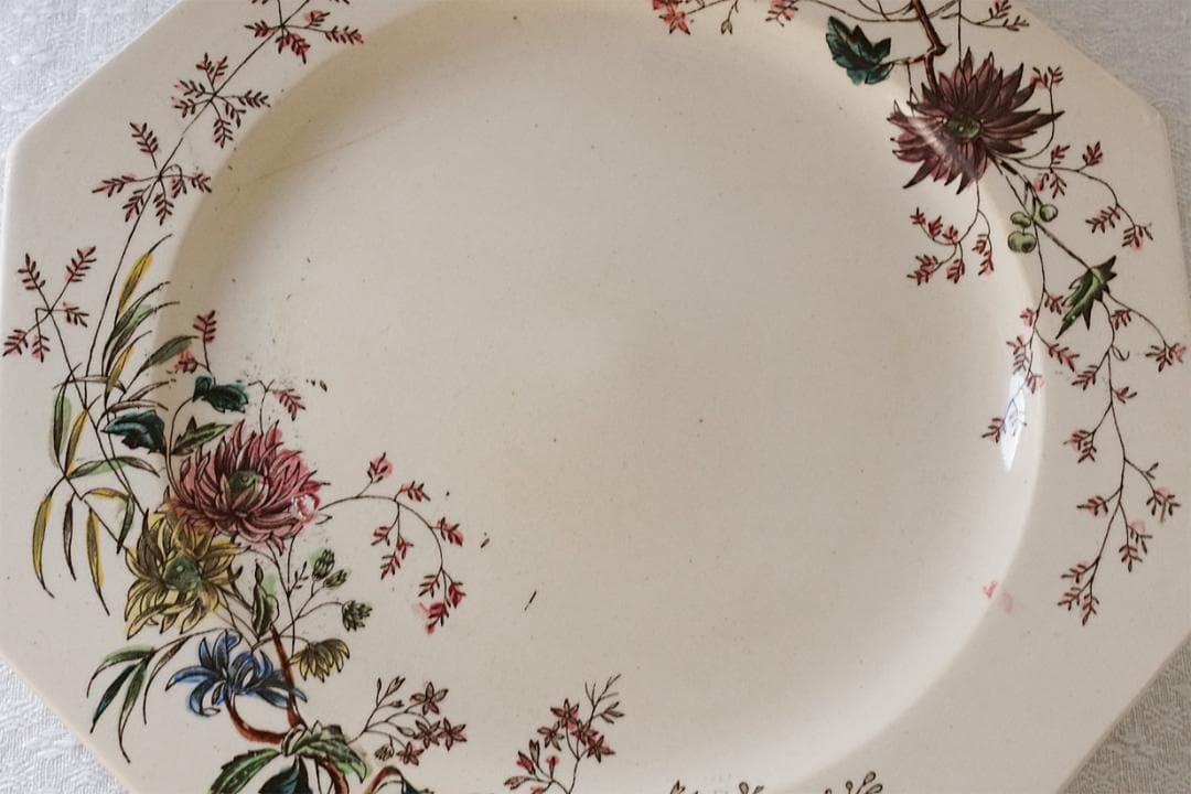 イギリスアンティーク　ボタニカル柄　オクトゴナル　プレート　22.1cm　B