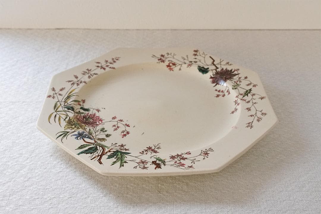 イギリスアンティーク　ボタニカル柄　オクトゴナル　プレート　22.1cm　B