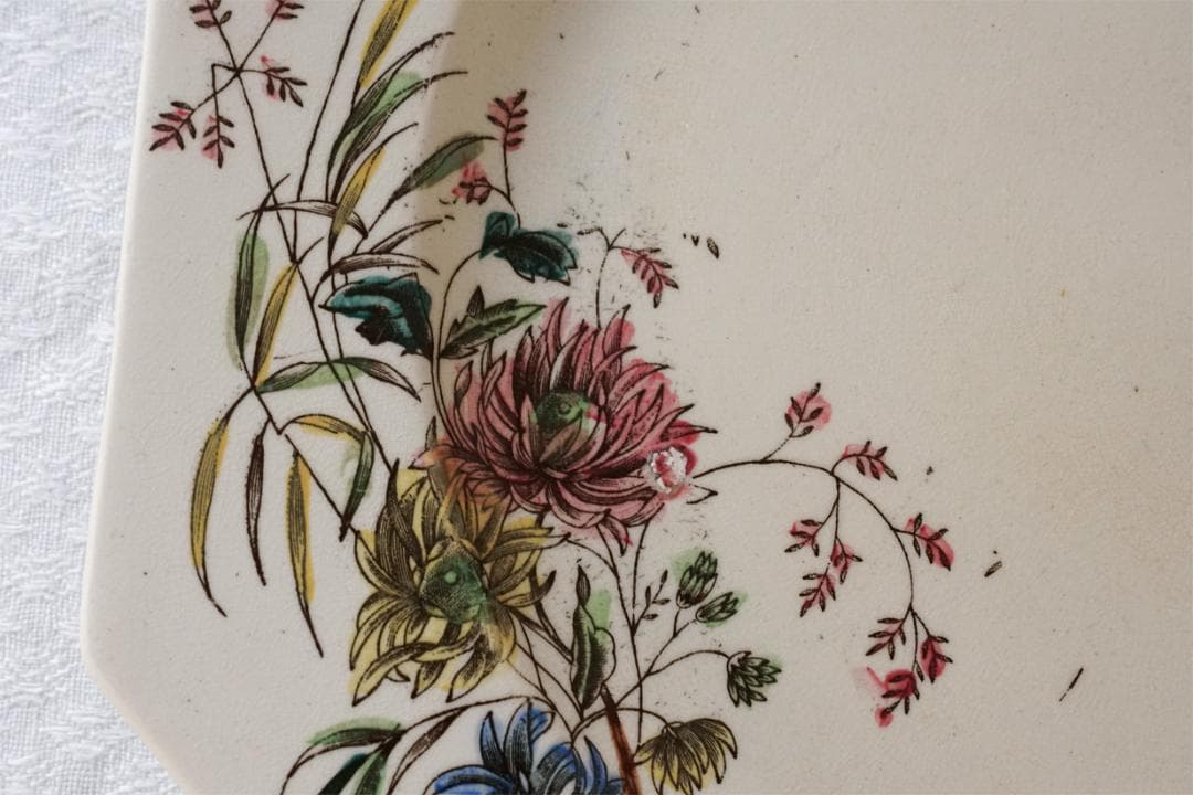 イギリスアンティーク　ボタニカル柄　オクトゴナル　プレート　22.1cm　B