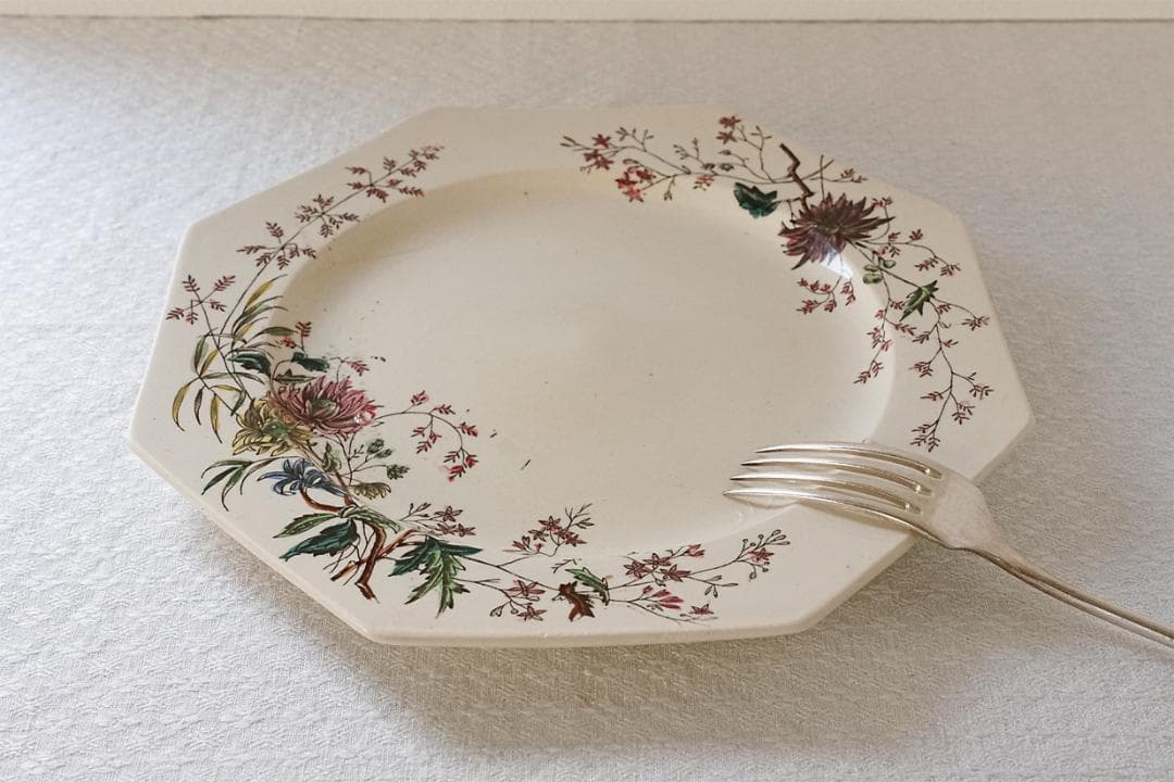 イギリスアンティーク　ボタニカル柄　オクトゴナル　プレート　22.1cm　B