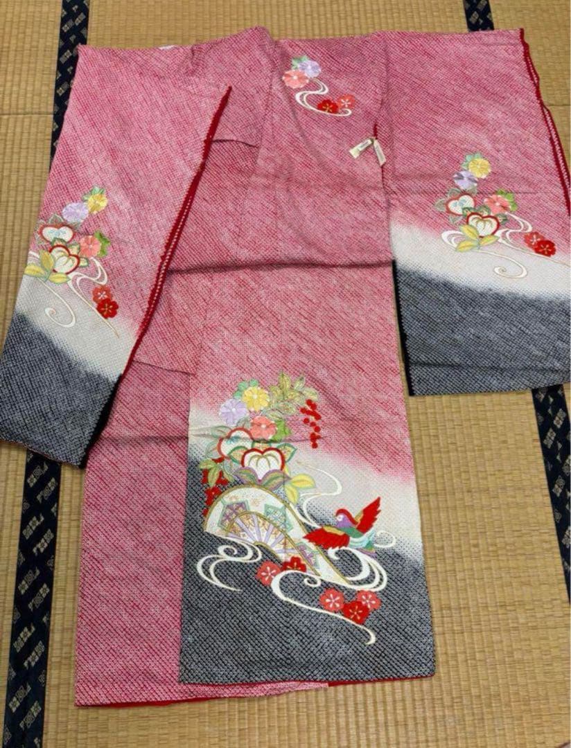 七五三　四ツ身女の子着物　正絹　仮絵羽　赤　豪華絞り　刺繍　片輪車　鴛鴦