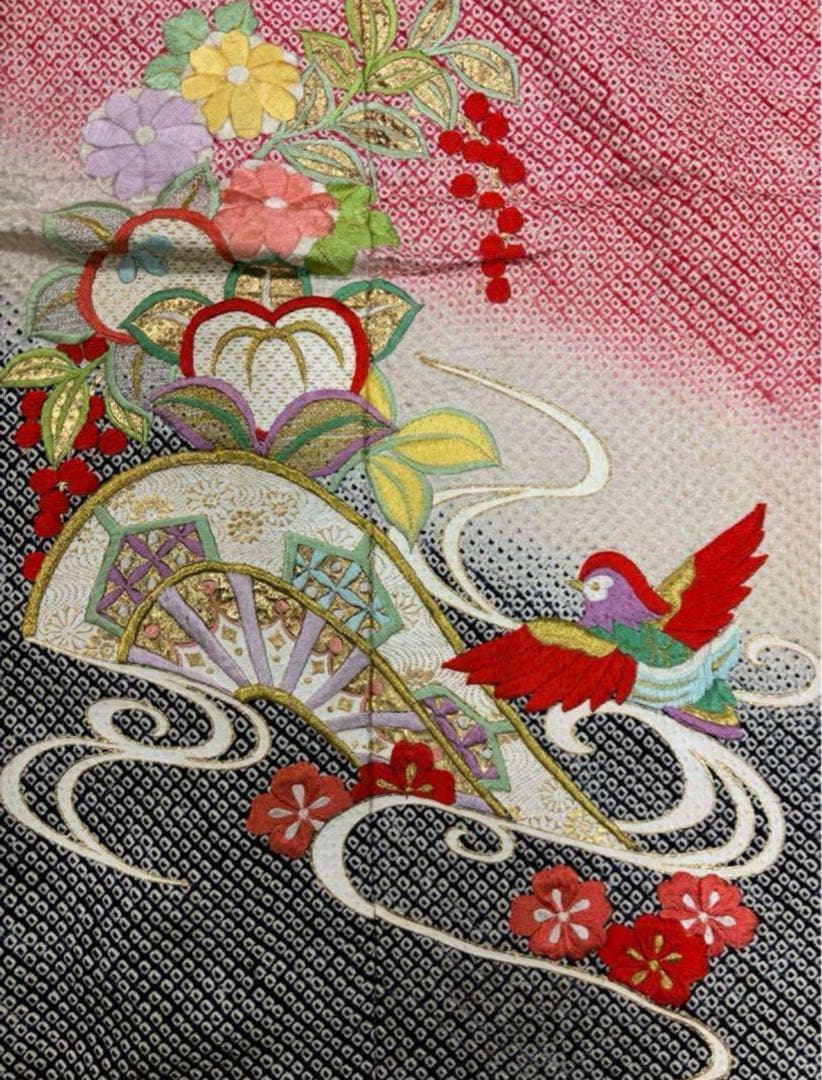 七五三　四ツ身女の子着物　正絹　仮絵羽　赤　豪華絞り　刺繍　片輪車　鴛鴦