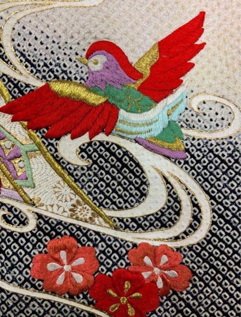 七五三　四ツ身女の子着物　正絹　仮絵羽　赤　豪華絞り　刺繍　片輪車　鴛鴦