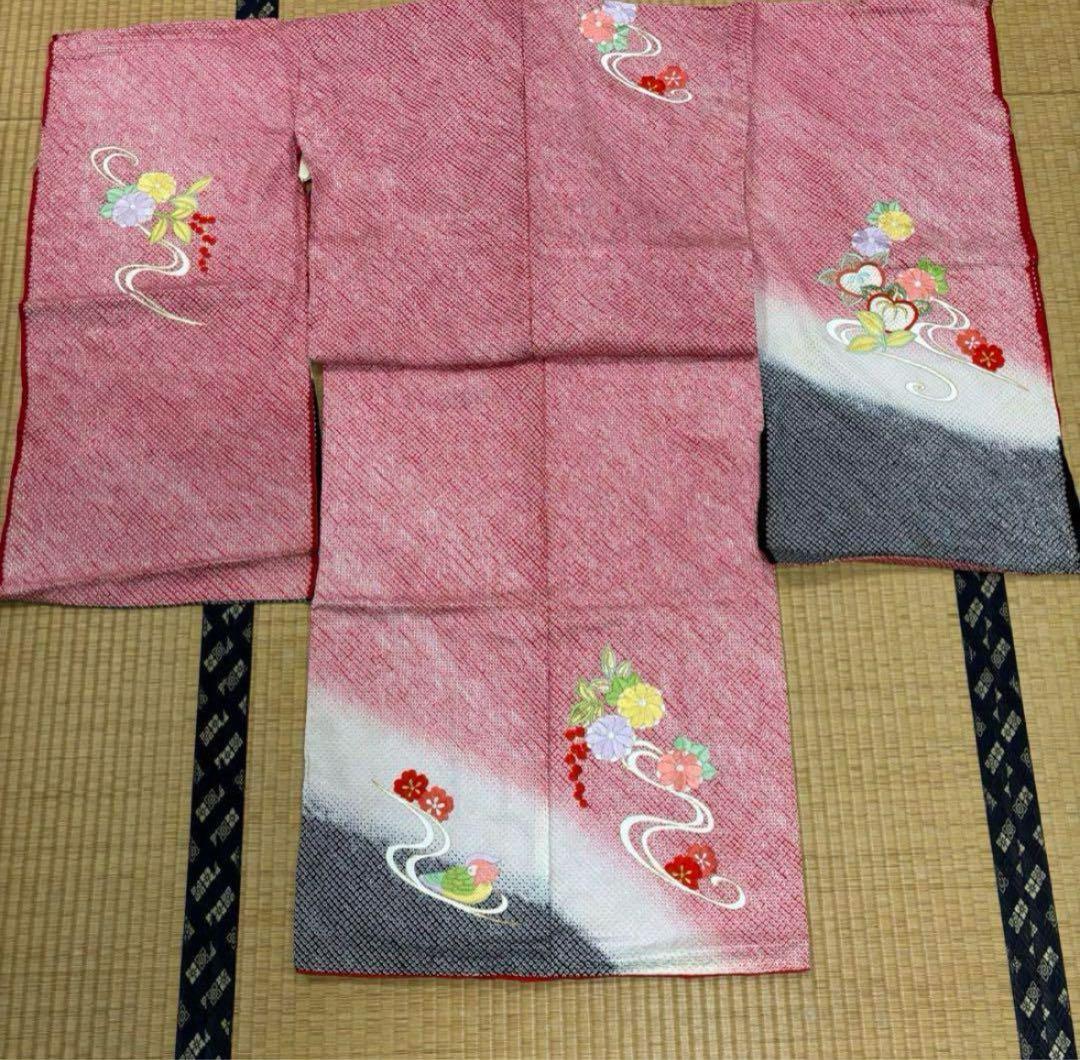 七五三　四ツ身女の子着物　正絹　仮絵羽　赤　豪華絞り　刺繍　片輪車　鴛鴦