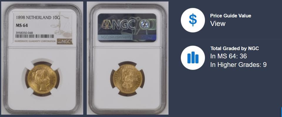 少女期《ウィルヘルミナ金貨 オランダ》1898年:高鑑定 MS64：超稀少！