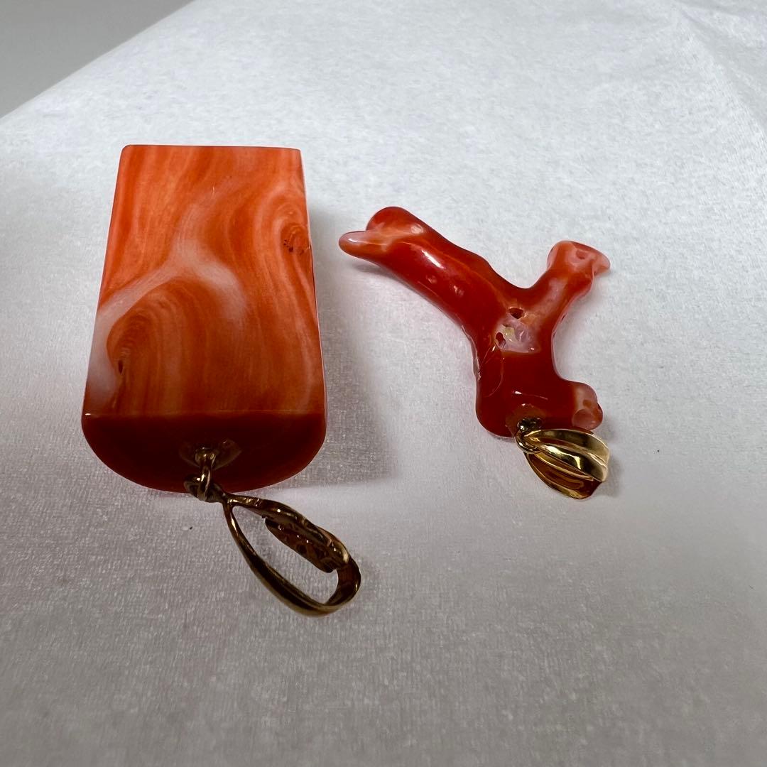 1K18刻印　ダイヤ入　本赤珊瑚　ネックレストップ　2点　10.7g