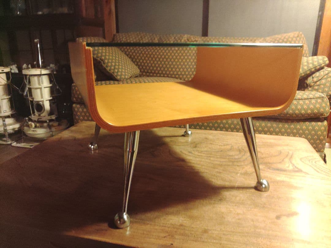 ミッドセンチュリー スペースエイジ プライウッド センターテーブル ガラス