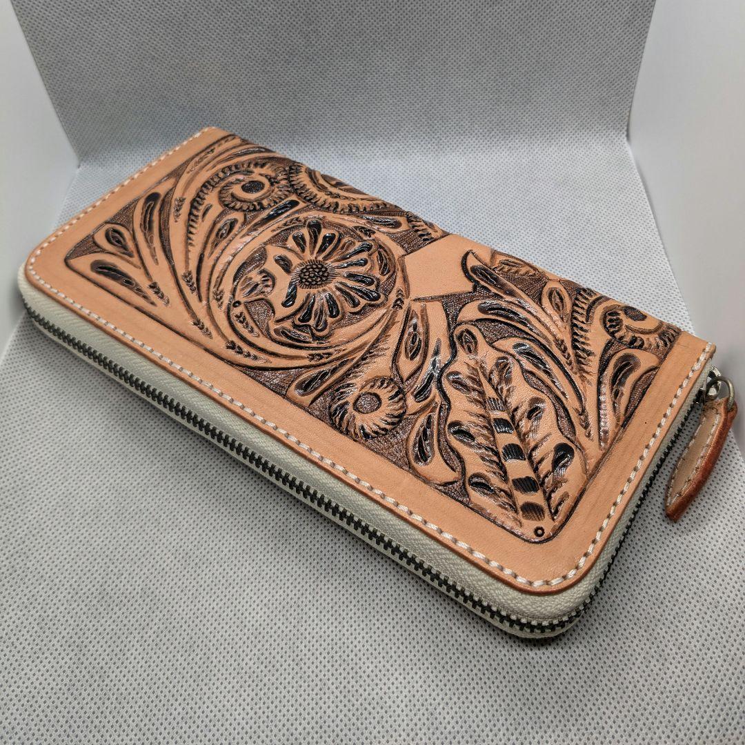 新品ハンドメイド　レザーカービング　ロングウォレット 長財布 ラウンドファスナー