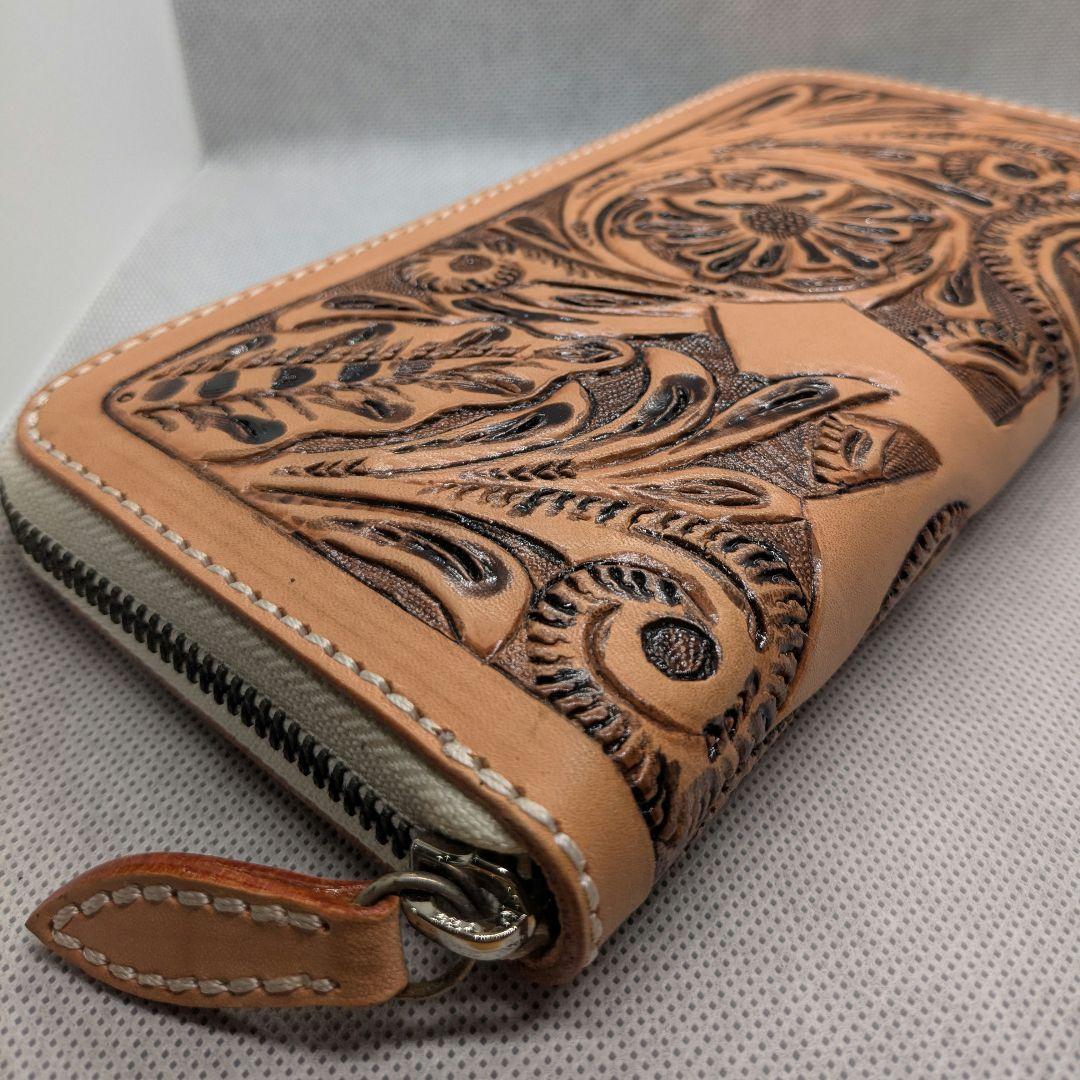 新品ハンドメイド　レザーカービング　ロングウォレット 長財布 ラウンドファスナー