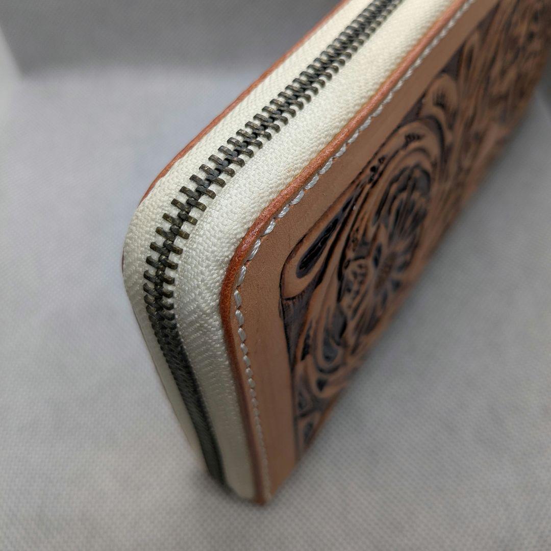 新品ハンドメイド　レザーカービング　ロングウォレット 長財布 ラウンドファスナー