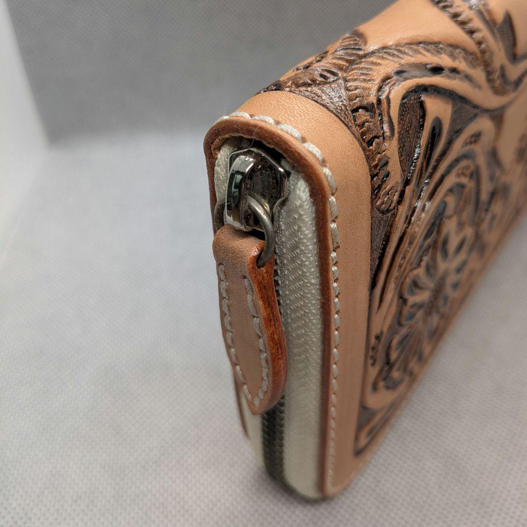 新品ハンドメイド　レザーカービング　ロングウォレット 長財布 ラウンドファスナー