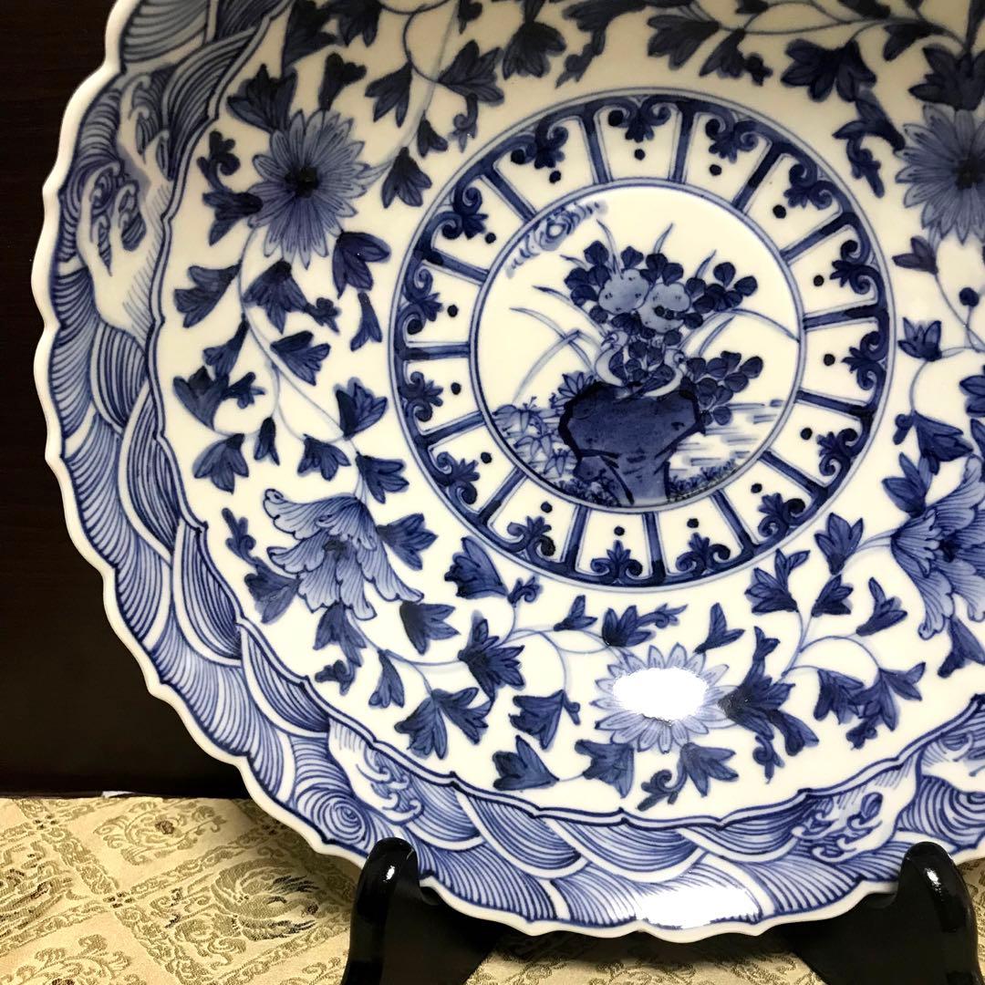 希少✨未使用✨九谷焼 皇室御用達 長左窯 波頭唐草紋 9号 大鉢 箱入✨藍九谷