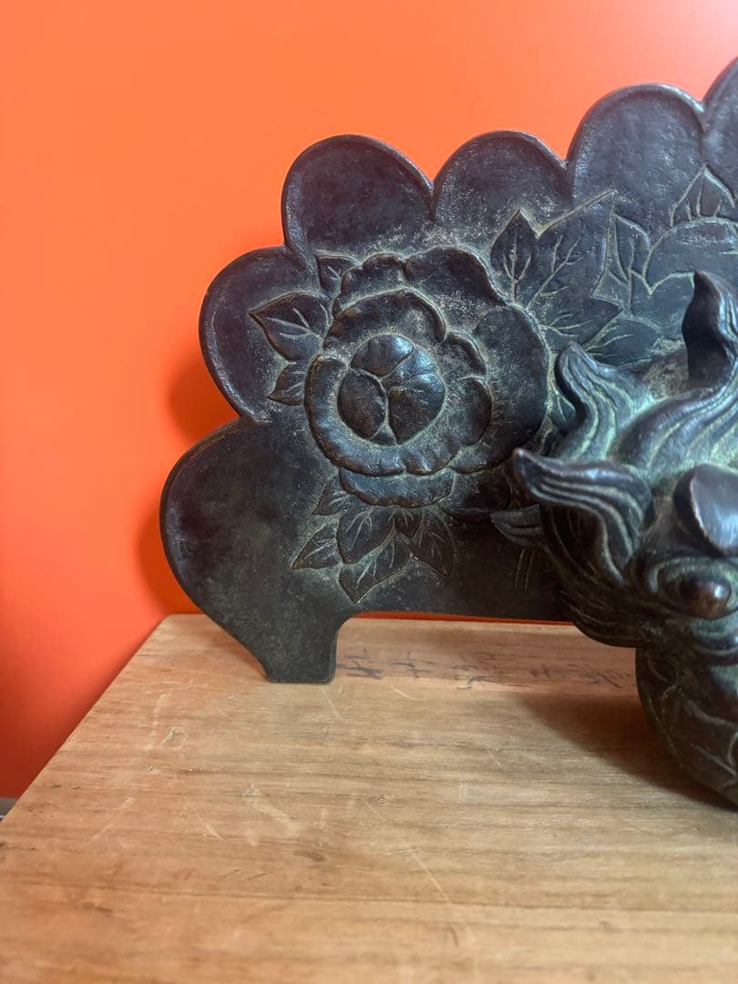 1737 名人 大国寿郎作 牡丹獅子置物 銅製 時代物