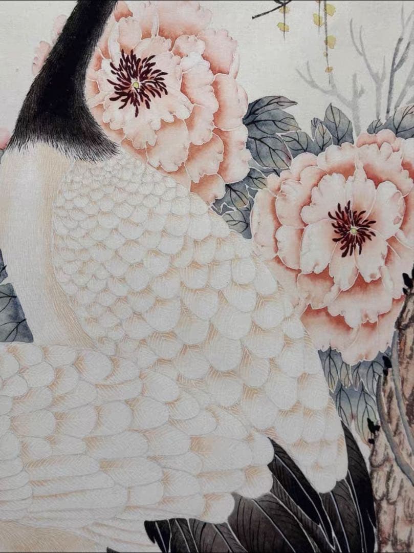 沈銓「牡丹双鶴図」大四尺 中堂掛軸 宣紙 手工表装 180×