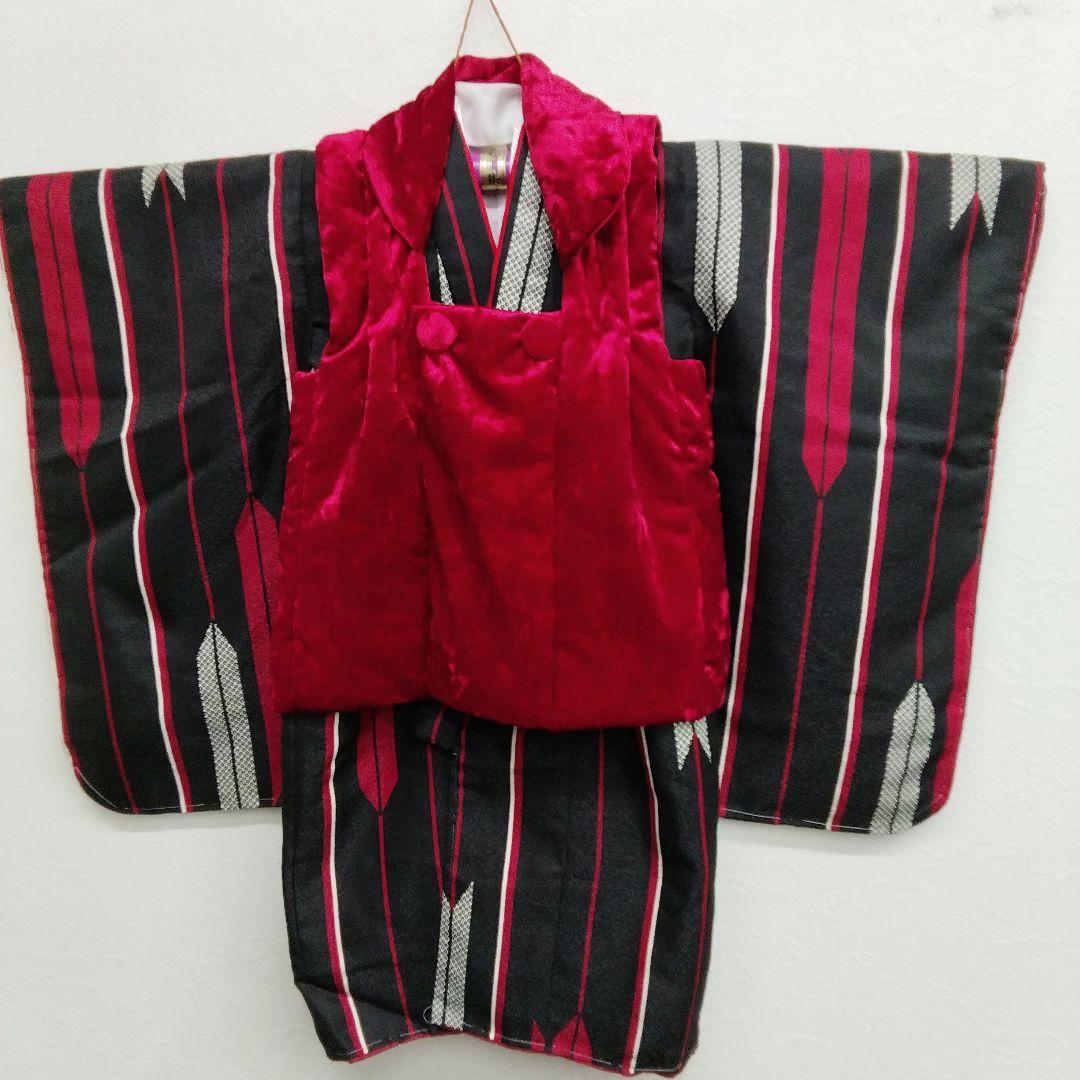 七五三♡着物　フルセット　矢羽根　黒　赤　3歳　皮布着　　♯3710
