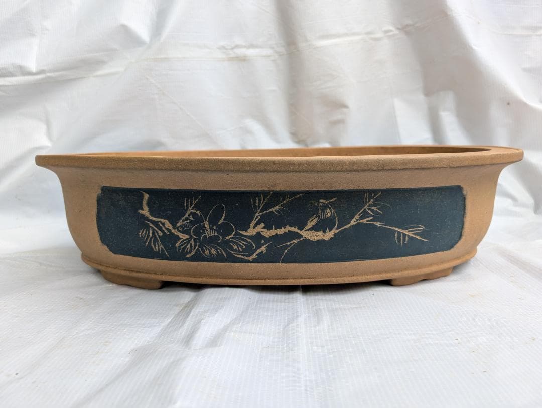 大型 盆栽鉢 楕円 絵鉢 約60cm 無銘 山水図 松柄 古鉢 盆栽用