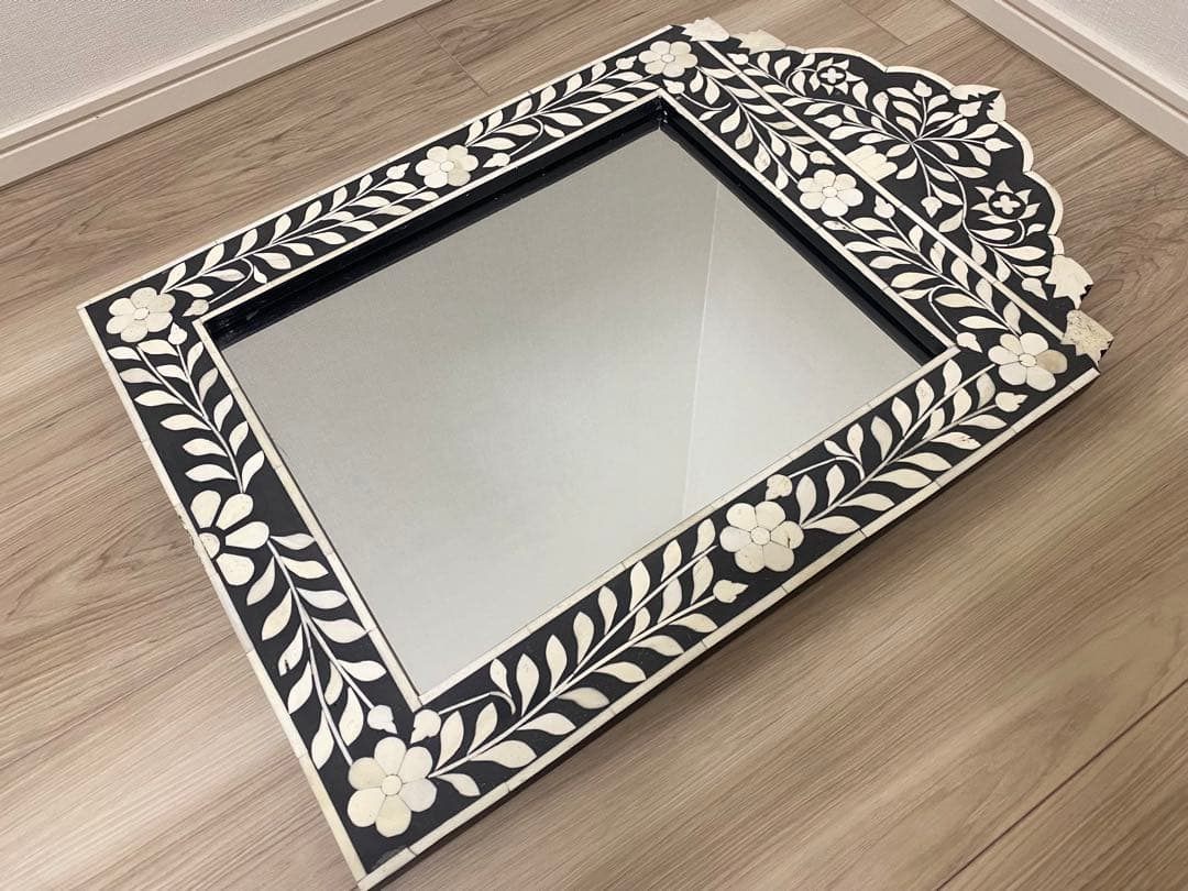 【希少品】ボーン・インレイ鏡　壁掛けミラー　象嵌　一点物　※最終値下げ