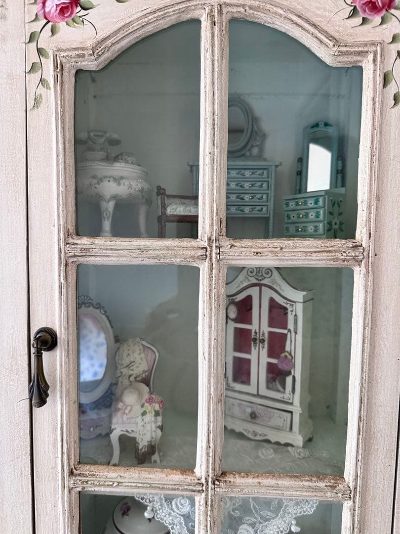 フランスアンティークキャビネット/ウォールラック/薔薇柄ペイント
