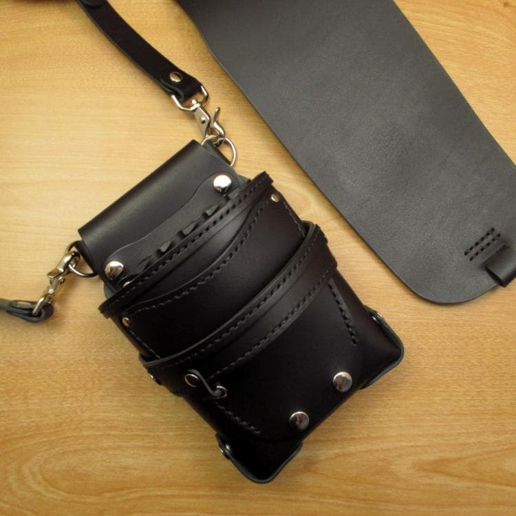 フタ付シザーケース　５丁差し　オールブラック　本革　SCA-126/CKA