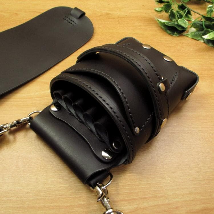 フタ付シザーケース　５丁差し　オールブラック　本革　SCA-126/CKA