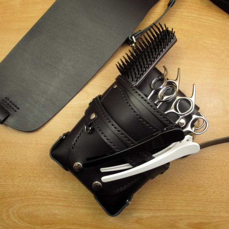 フタ付シザーケース　５丁差し　オールブラック　本革　SCA-126/CKA