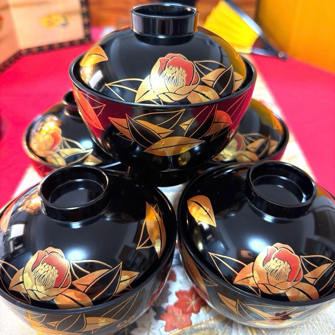 美品　南山蓋付き金彩小丼　希少　椿　金箔お椀　 各５客揃い　No.5-4