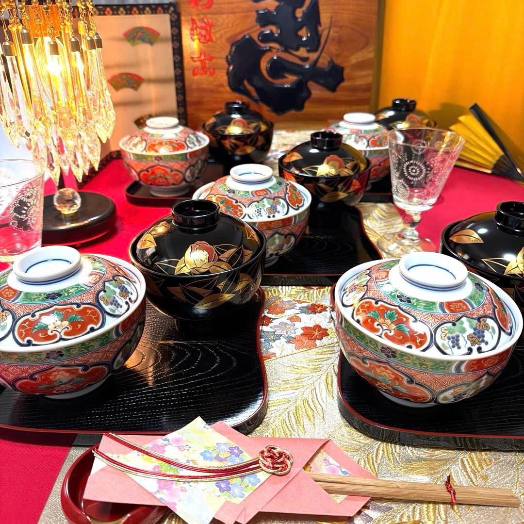 美品　南山蓋付き金彩小丼　希少　椿　金箔お椀　 各５客揃い　No.5-4