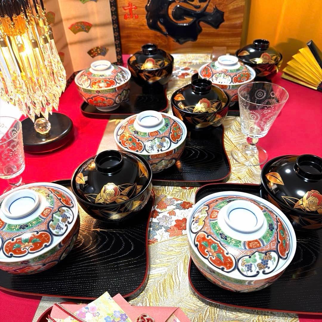 美品　南山蓋付き金彩小丼　希少　椿　金箔お椀　 各５客揃い　No.5-4