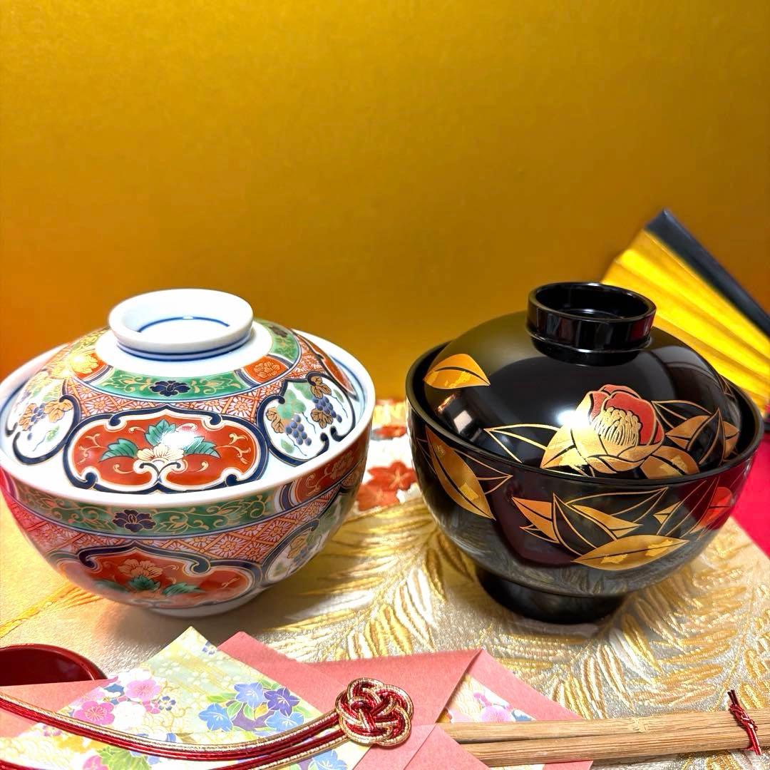 美品　南山蓋付き金彩小丼　希少　椿　金箔お椀　 各５客揃い　No.5-4