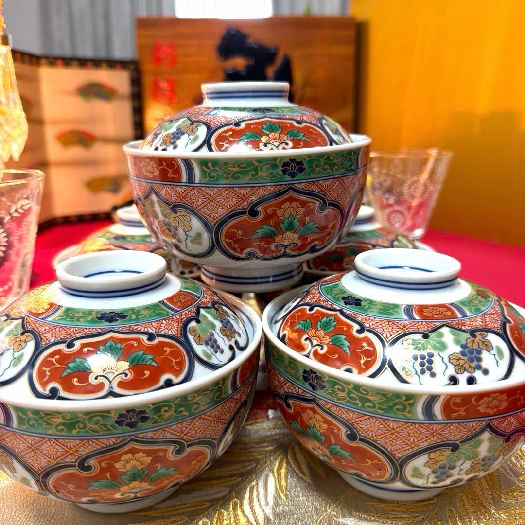 美品　南山蓋付き金彩小丼　希少　椿　金箔お椀　 各５客揃い　No.5-4