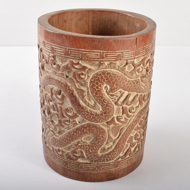 中国　古竹彫刻　雲龍彫　筆筒　M　R5069