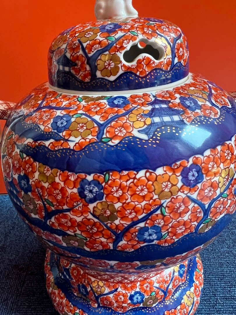 1068  有田焼・伊万里焼の陶器高級香炉　桜楼閣絵　陶芸家 藤井錦彩　美品
