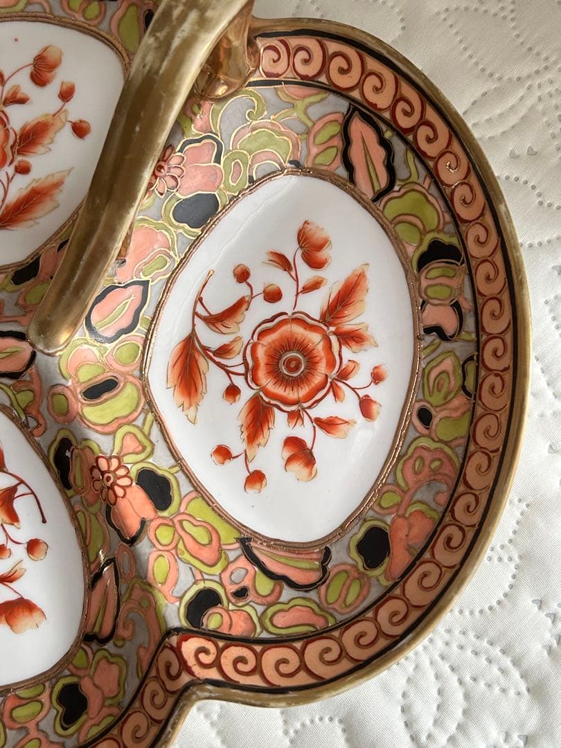 オールドノリタケ　大皿　ハンドル付き　手書き色絵　金彩金盛