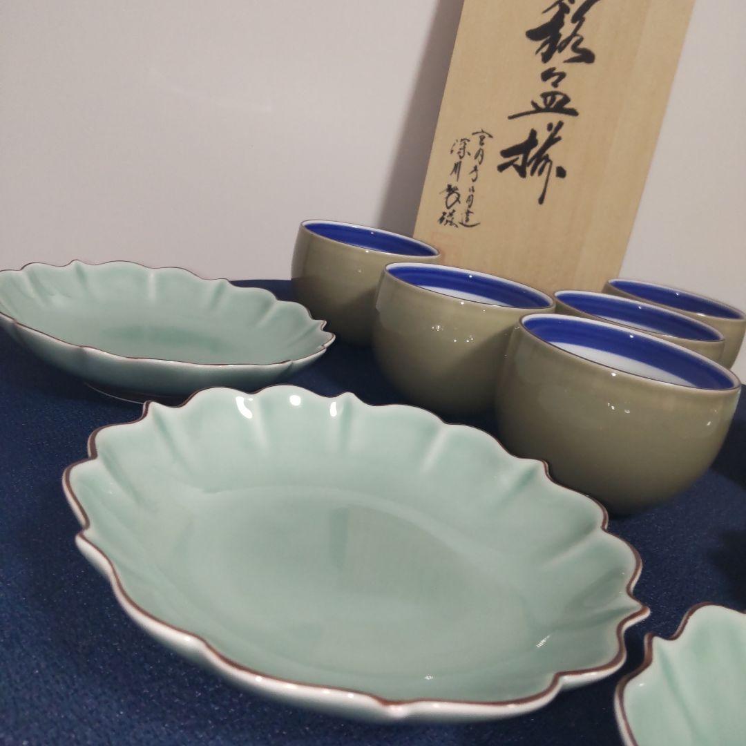 深川製磁 百年庵 高級ライン まとめ売り 青磁 笹青磁 湯飲み 皿 食器セット