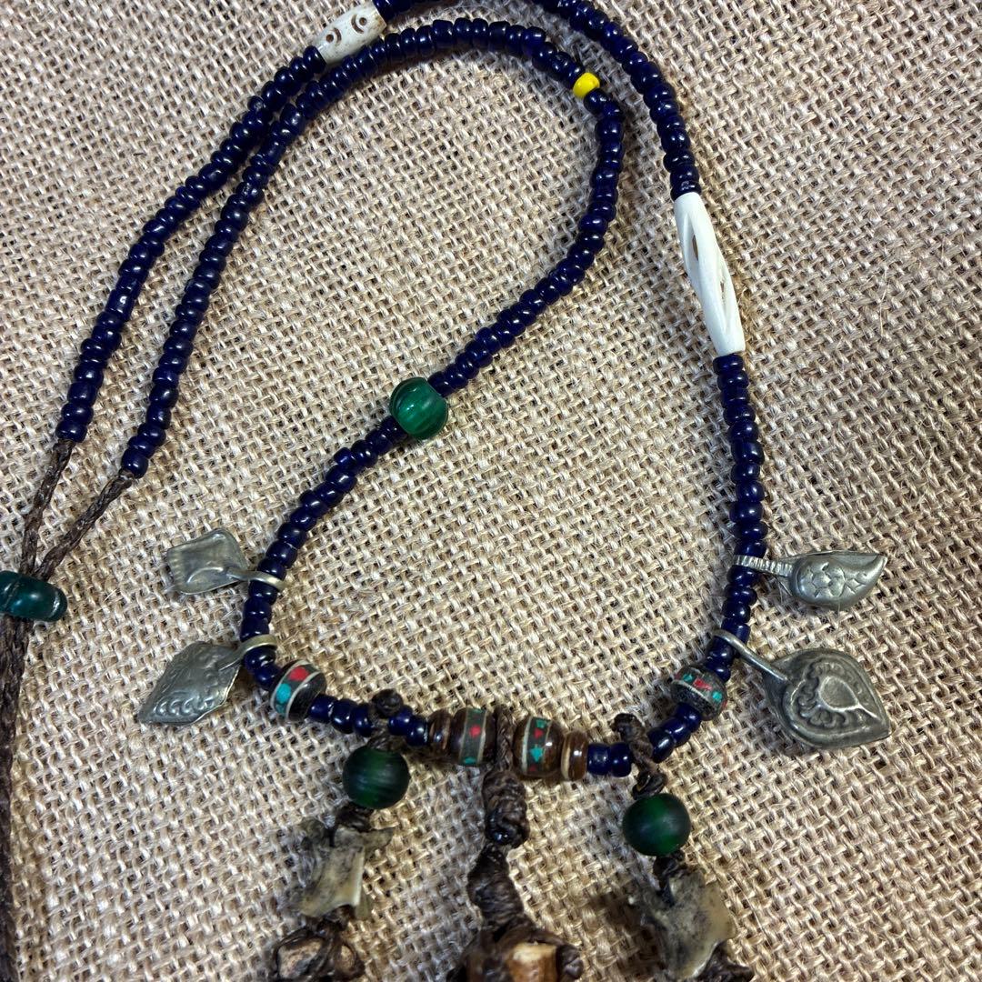 ナガ族　ネックレス　鹿の角　蛇骨　マクラメ　ビンテージ