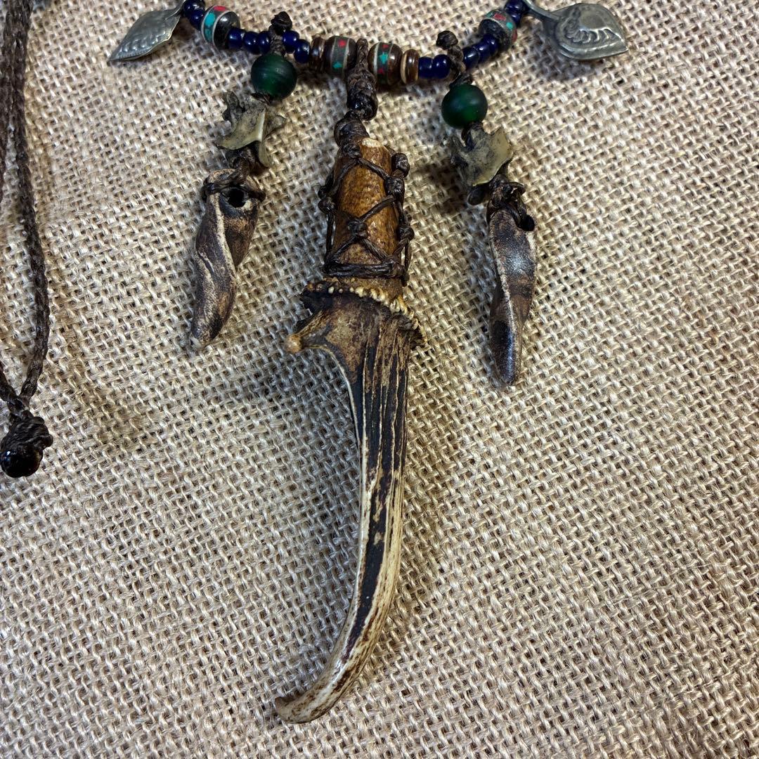 ナガ族　ネックレス　鹿の角　蛇骨　マクラメ　ビンテージ